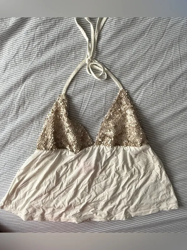 Edikted Hallie Sequin Halter Tank Top in Cream and White - Women's, size M - Image 3