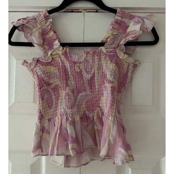 Hill House Home Pink Yellow Swirl Smocked Linen Peplum Ruffle Top Small - Image 2