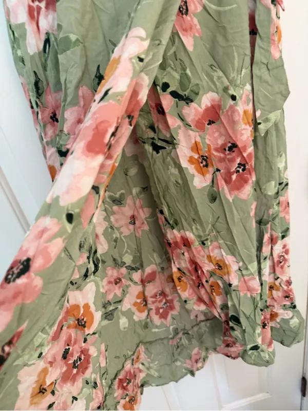 Floral Cotton Rayon Faux Wrap Maxi Dress Sage Green Pink Medium M - Image 5