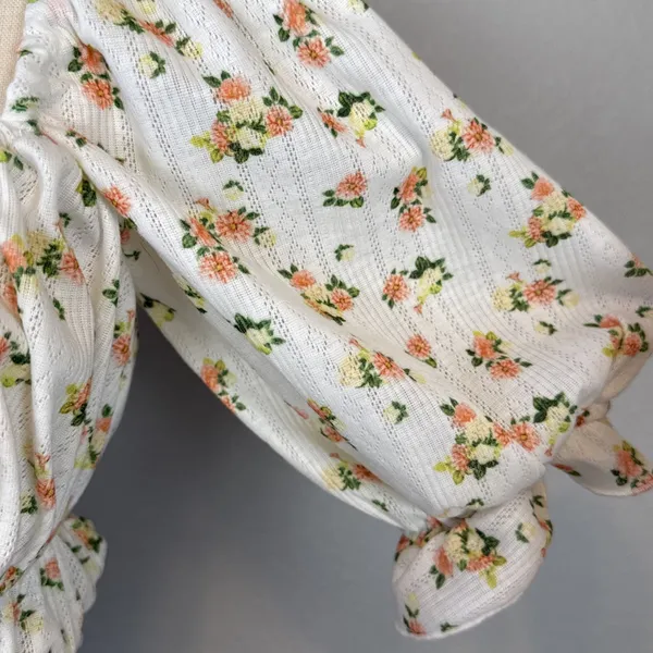 For Love & Lemons Lola Pointelle‎ Crop Top Size L White Floral Short Puff Sleeve - Image 4