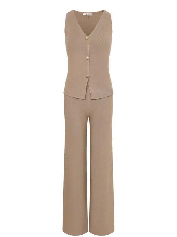 Knit 2 Piece Set Gold Button Vest Top Wide Leg Pants Chic Lounge Outfit M - Image 2