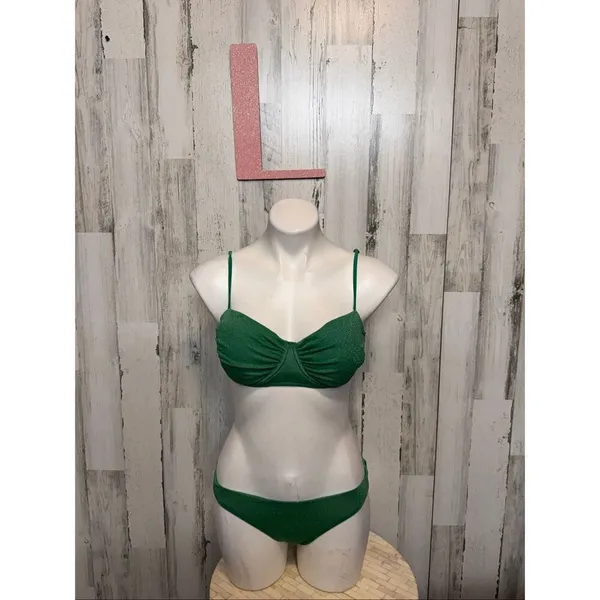 Green Sparkle 3-Piece Bikini Set Women’s Size L | Ruched Top + Bottoms + Sarong - Image 5