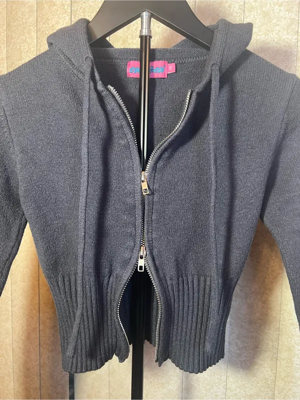 Edikted XS Dark Navy Cropped Double Zip Knit‎ Hoodie Sweater Y2K - Image 3