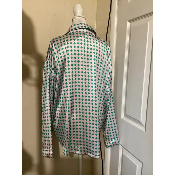 Princess Polly Pink Green Diamond Print Satin Button Down Shirt US 6 NEW - Image 3