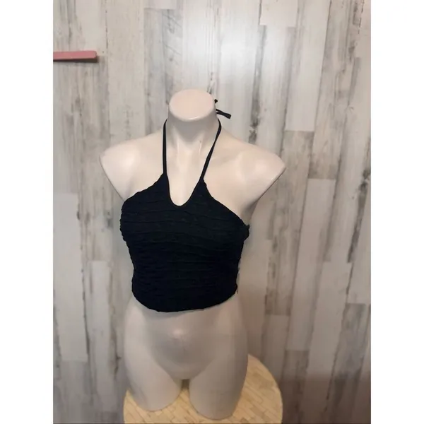 Black Halter Ruched Crop Top Size Large Black - Image 2