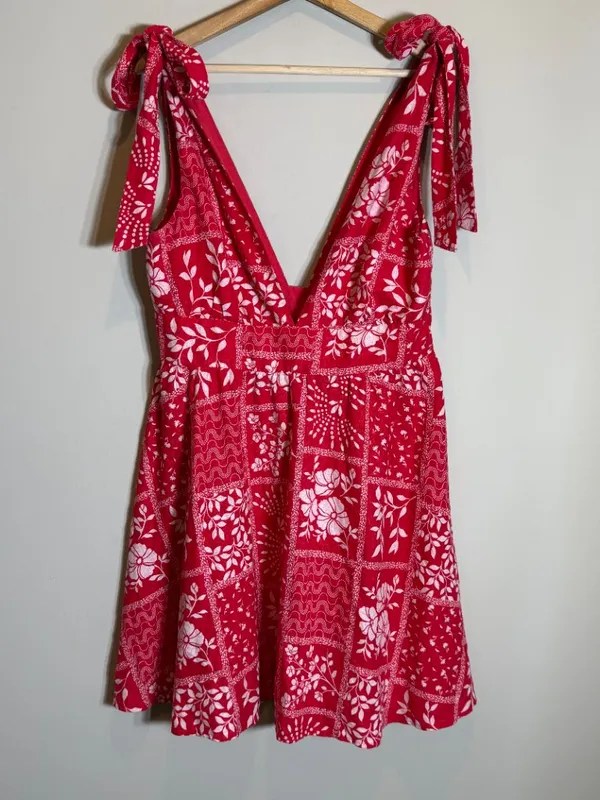 House of Harlow 1960 Linen Bandana Print Mini Dress Women Medium Red Bow Revolve - Image 6