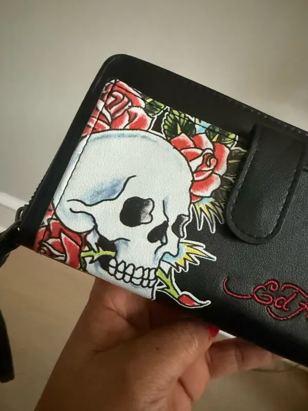 Ed Hardy Black Skull & Roses Zip Around Wristlet Wallet - Image 2
