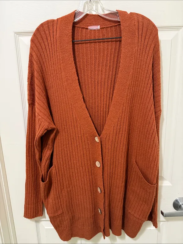 Free People Movement Medium Rust Orange Ribbed Button-Front Women's Cardigan. - Image 2