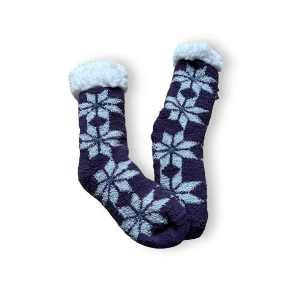 Cuddl Duds Purple & White Fluffy Sherpa Lined Snowflake Floral‎ Print Socks NEW - Image 2