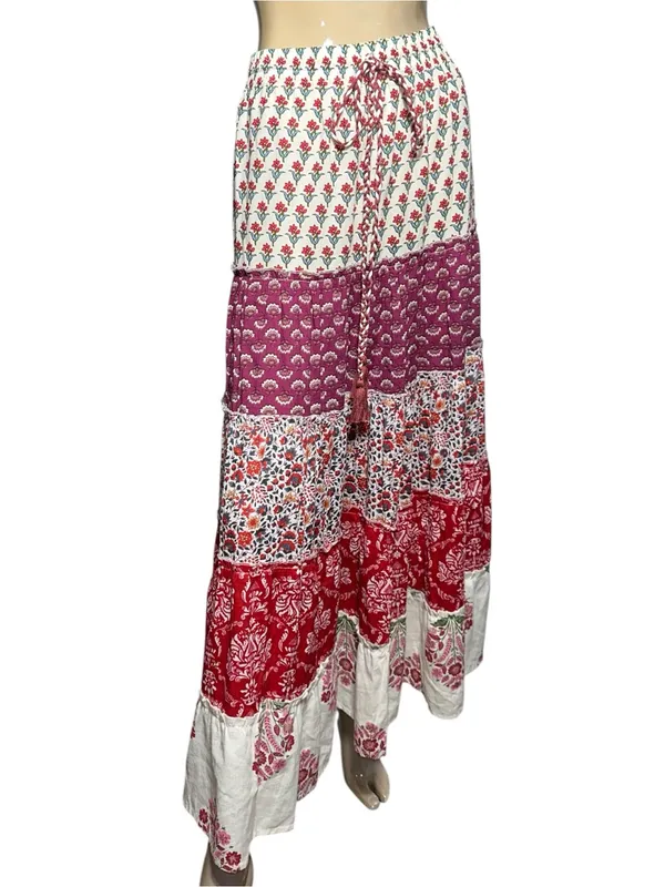 Luna Llena Women’s Size XS Red Cream Paisley Bohemian Tiered Maxi Skirt - Image 2