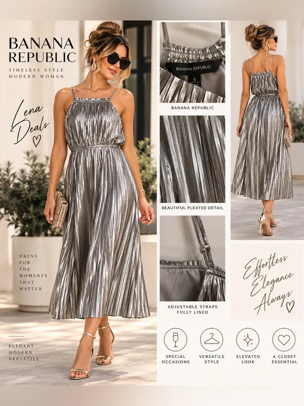 Banana Republic Metallic Silver Pleated Midi Dressy Womens Sz 10 - Image 2