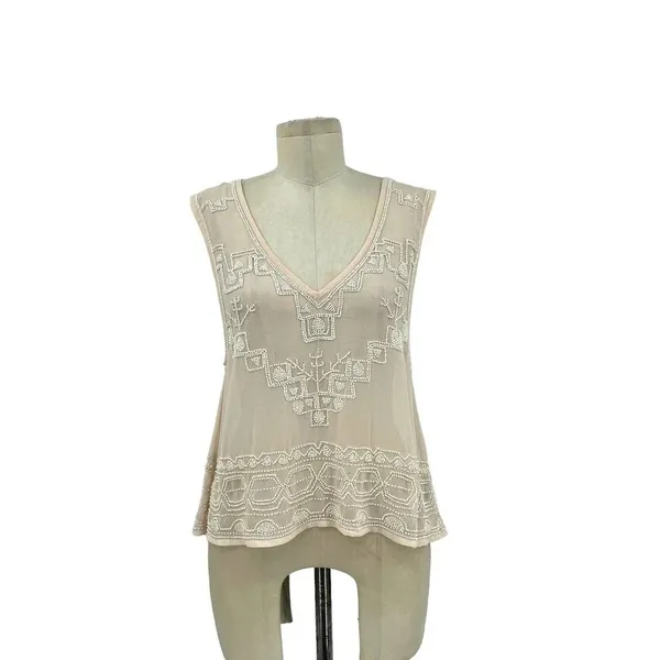 Free‎ People Pale Pink Beaded Sheer Tank Top Size XS - Image 3