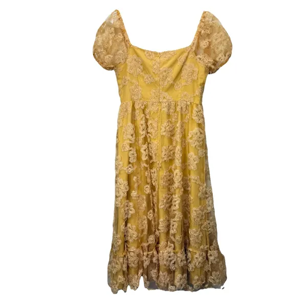 Lulus Notable Elegance Yellow Mesh‎ Floral Bustier Midi Dress Size LARGE Whimsy - Image 9