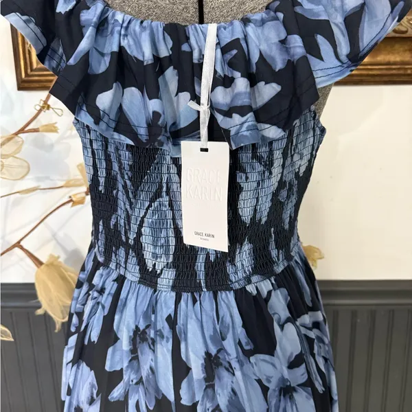 NWT Grace Karin Empire Waist Off Shoulder Floral Maxi Dress ~ Size M 💚🍄 - Image 8