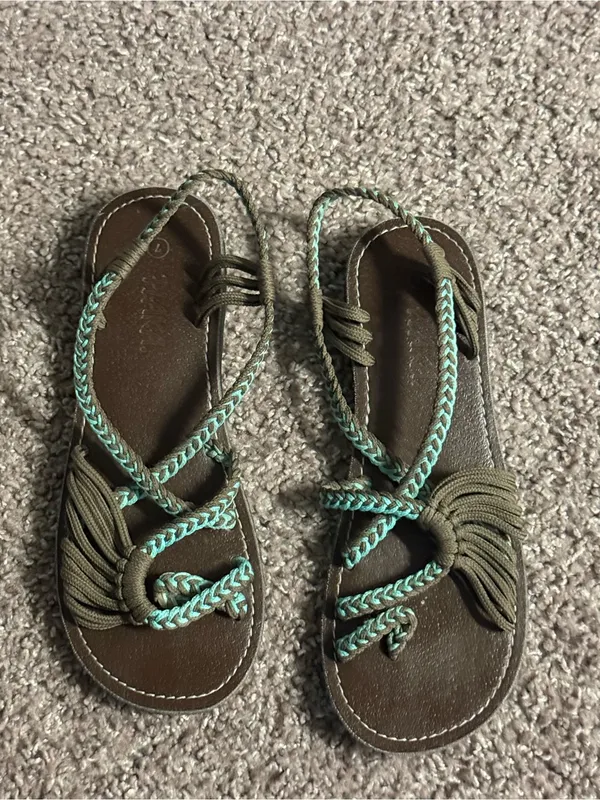 Plaka Size 7 Brown Turquoise Braided Rope Flat Sandals Bohemian Outdoors Beach - Image 9