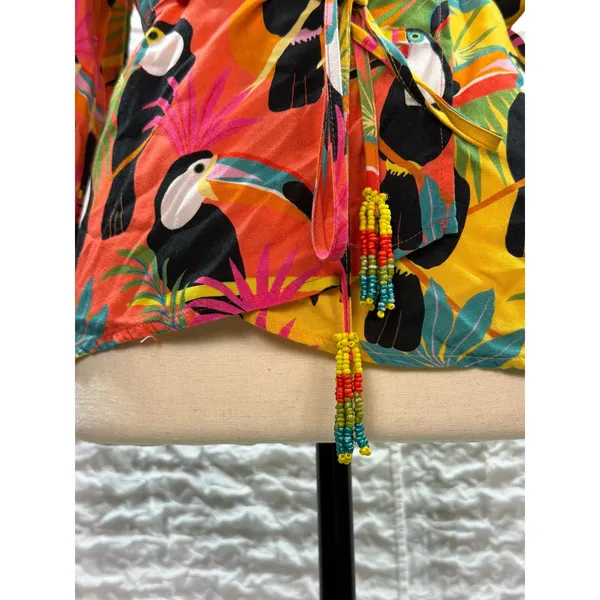 Farm Rio for Anthropologie Toucan Print Wrap Top Orange Yellow Beaded Tassel XS - Image 9
