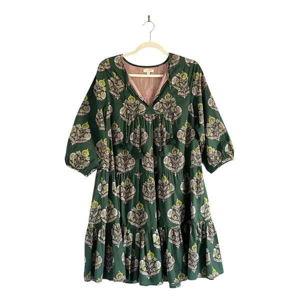 Pink Chicken Indira mini Dress Hunter Green Flower Sz Small boho peasant prairie - Image 2
