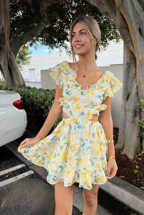 NWT Yellow Floral Print Flutter Sleeve Ruffle Cutout White Dress - Image 2