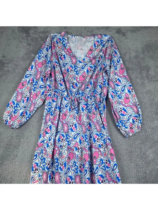 V-Neck Paisley Print Maxi Dress With Long Sleeves Pink & Blue Lightweight Fabric - Image 9