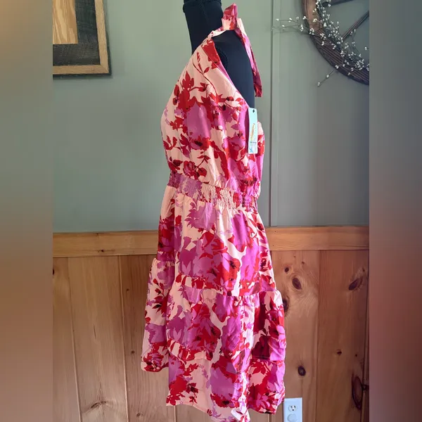 PrettyGarden Halter Floral Pink & Red Sleeveless Tiered Sundress size L NWT - Image 3
