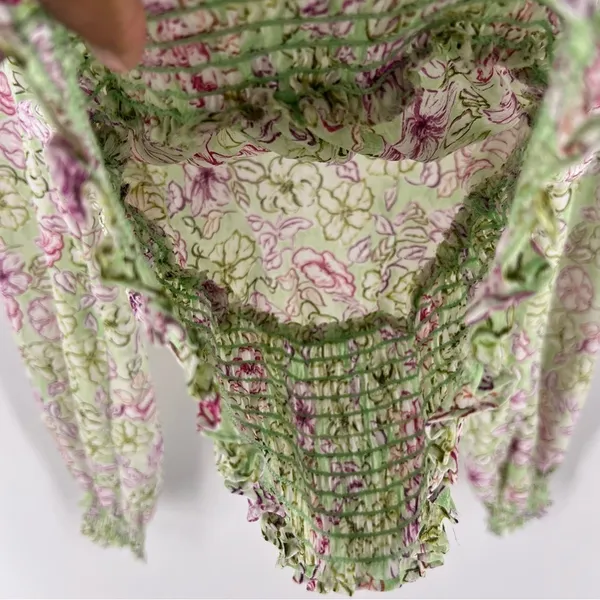 Zara‎ Chiffon Floral Print Surplice Neck V Neck Shirred Waist Peasant Sleeve Top - Image 8