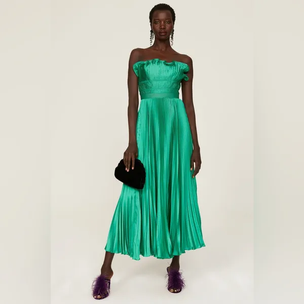 AMUR Giada Dress,‎ Green Satin Pleated, Size 2 - Image 3