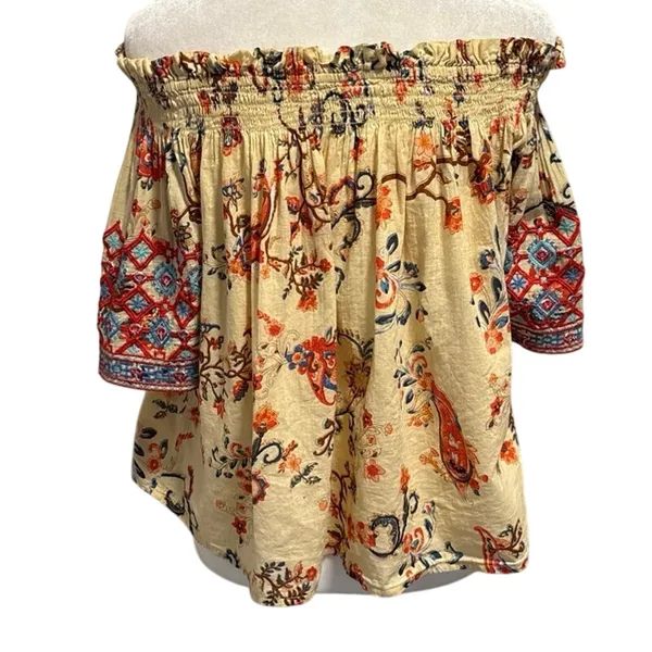 MIRA Size M Off the Shoulder Shirt Top Floral Print Boho Embroidered 100% Cotton - Image 3