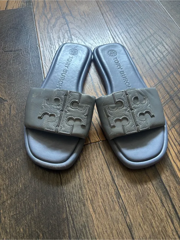 Tory Burch Ash Blue Patent Leather Double T Sport Slides Sandals Women’s Size 6M - Image 2