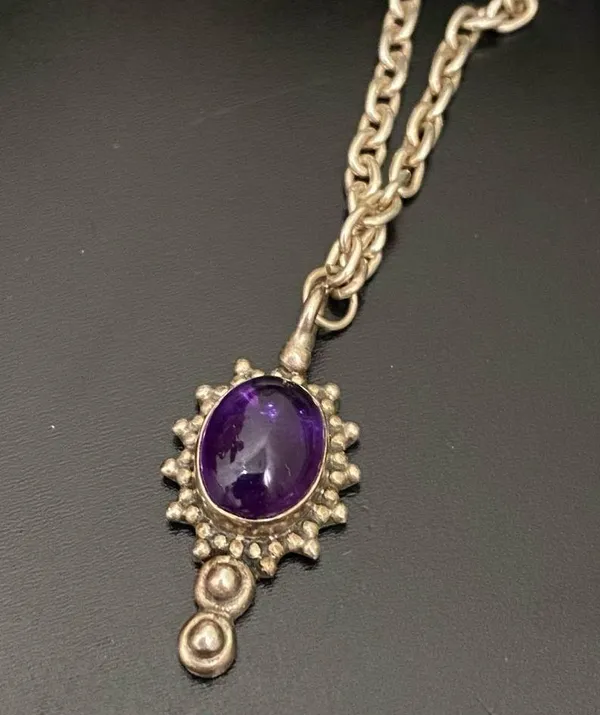 Vintage Handcrafted 925 Sterling Silver Amethyst Cabochon Pendant 18” Necklace - Image 5