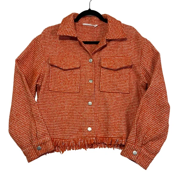 Ellison Orange Houndstooth Tweed Fringe‎ Hem Jacket Medium Shacket - Image 2