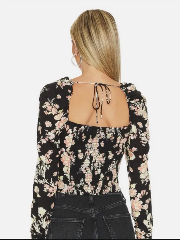 Free People NWT Hillary Top Floral Milkmaid Puff Sleeve Lace Up Crop Top‎ XS - Image 11
