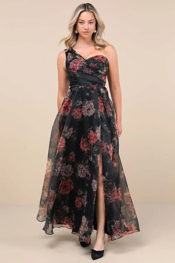 New Lulus Black Floral Organza One-Shoulder Maxi Dress Size XL MSRP $138 - Image 8