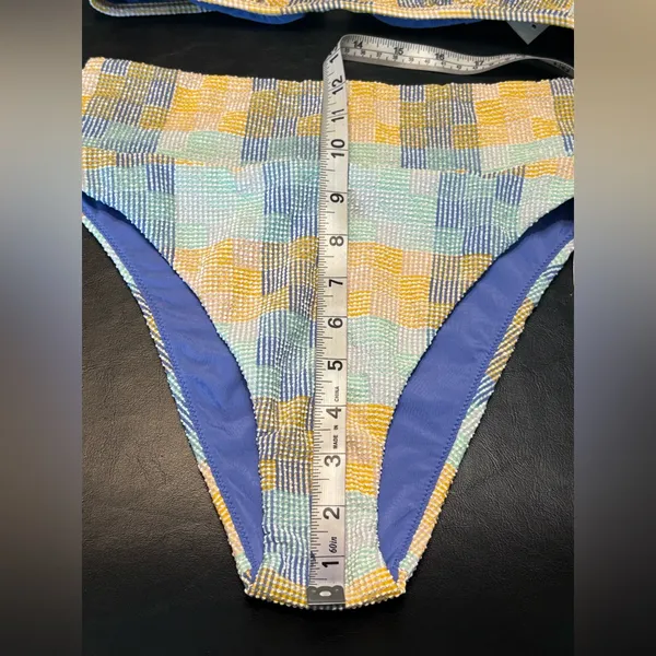 aerie Pastel Yellow Blue Checkered TriangleTop Cheeky Bottom Bikini Set size S/M - Image 11