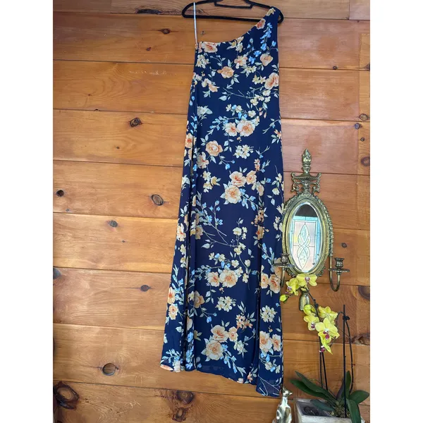 Lulus Elegant Admiration Navy Blue Floral One-Shoulder Maxi Dress Party Medium - Image 3