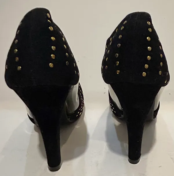 Mochi Faux Suede Elegant Studded Transparent Sides Black and Gold Heels - Image 3