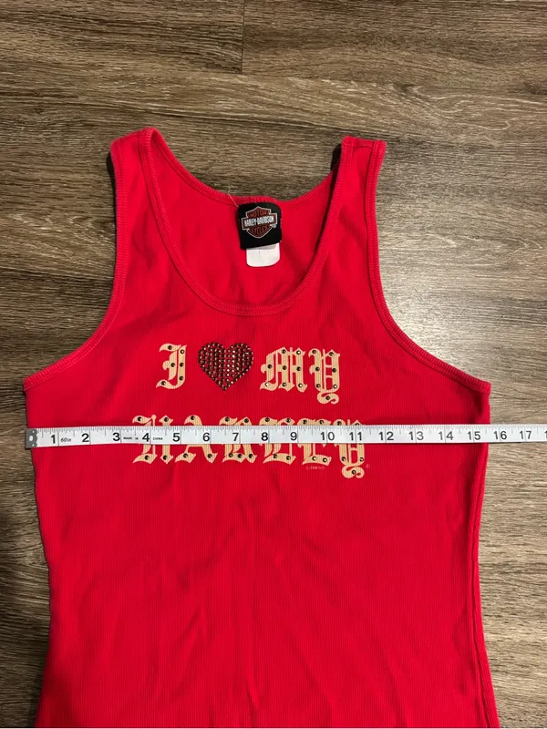 Harley Davidson Red Ribbed sleeveless tank top XL Y2K Rhinestone Heart Biker - Image 4