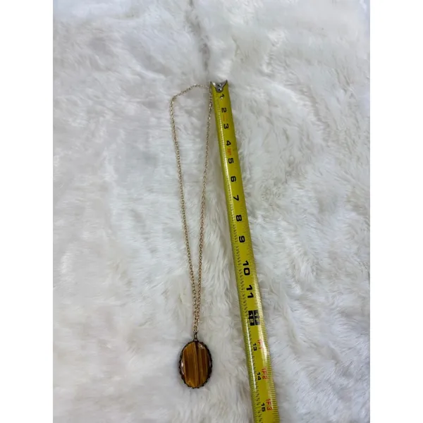 Vintage Tigers Eye Oval Pendant Necklace Gold Tone‎ Chain Boho Statement 24 Inch - Image 3