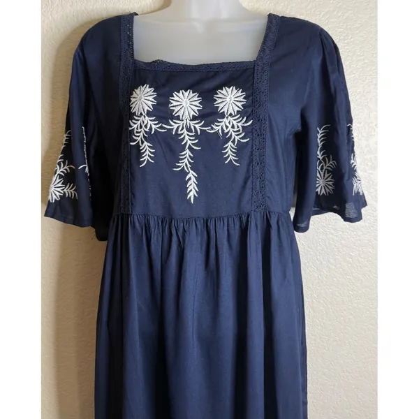 Violet Skies Womens Small Midi Dress Navy Blue Embroidered Boho Crochet Lace NEW - Image 2