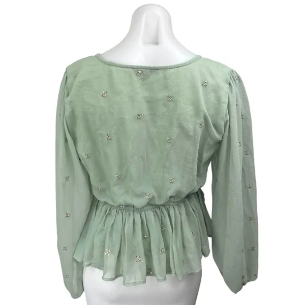 Lulus Green Long Sleeve Embellished Faux Wrap V Neck Peplum Blouse Top Size M - Image 2