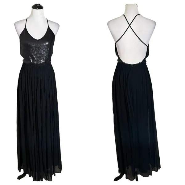 Chan Luu Sequin Puri Maxi Dress Womens XS Black Open Back Formal Chiffon Gown - Image 2