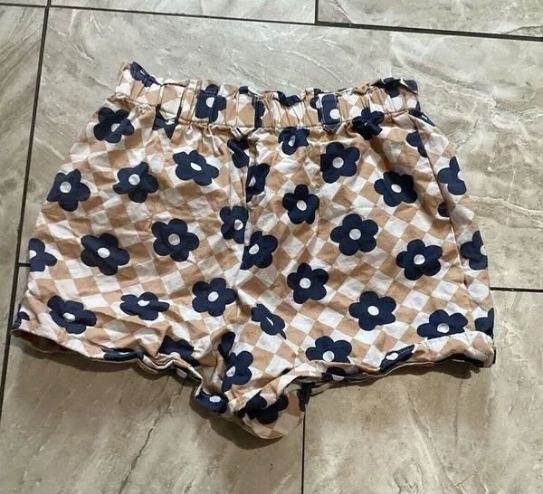 Maeve Beige Blue Floral High Waist Paper Bag Shorts 100% Cotton S - Image 4