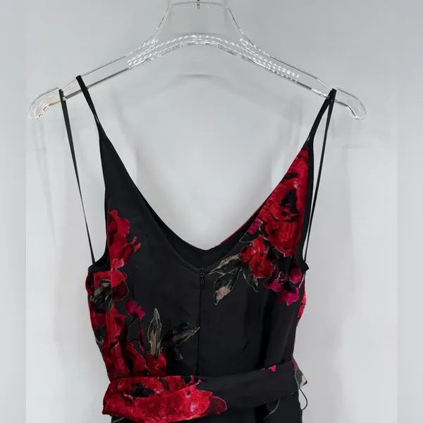 Anthropologie Ettwa Burnout Velvet Jumpsuit Black Red Floral Wide Leg‎ small - Image 11