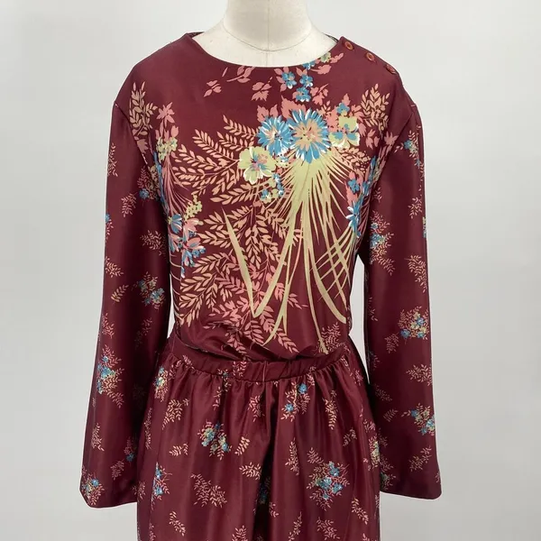Vintage 70s Floral Print Matching Skirt Set Button Neck Tunic Midi Maroon Small - Image 4