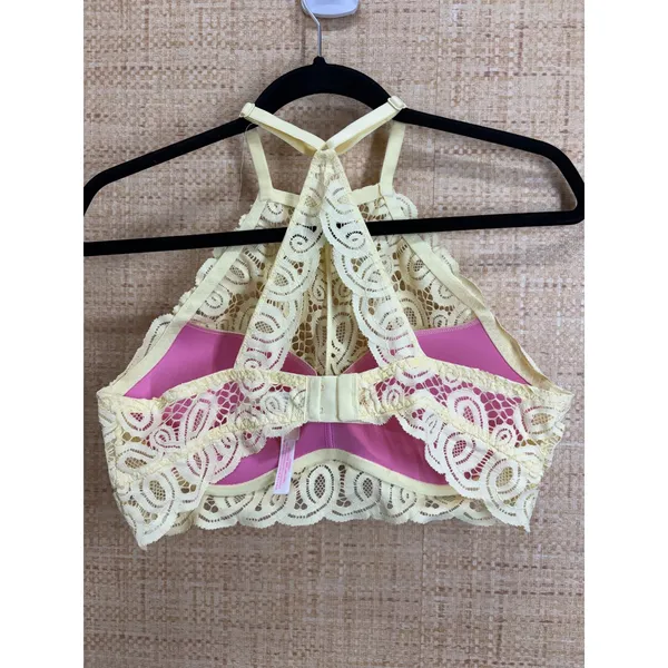 Victoria's Secret PINK High Neck Lace Push-Up Bralette Yellow Women Large NWT - Image 3
