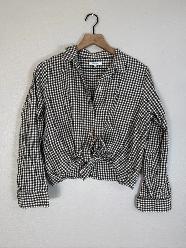 Madewell Gingham Flannel Tie Front Shirt Brown Gingham Check size Large $80 - Image 5