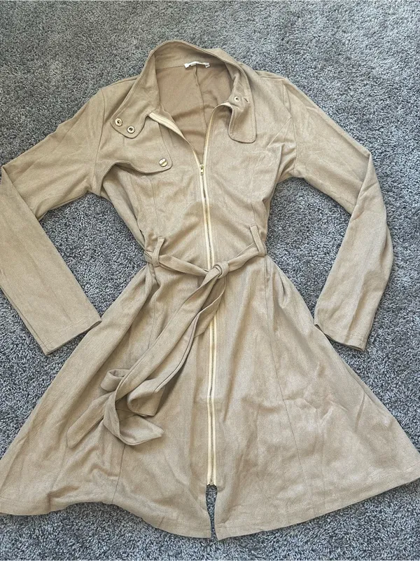 Long Sleeve Tan Belted Trench Dress - Image 2