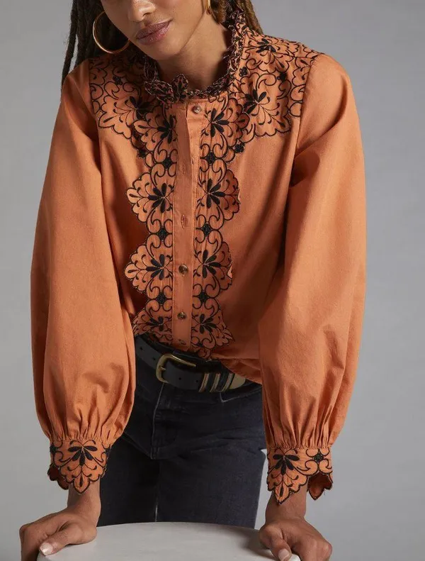 Anthropologie Scalloped Embroidered Buttondown Shirt, Size 8 - Image 2