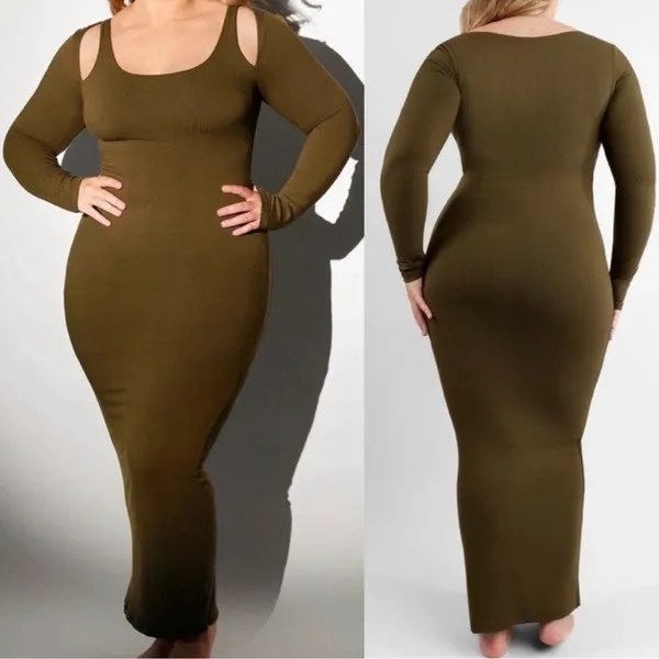 SHAPELLX Long‎ Sleeve Cut-Out Ribbed Shapewear Maxi Dress in Olive Green Size M - Image 3