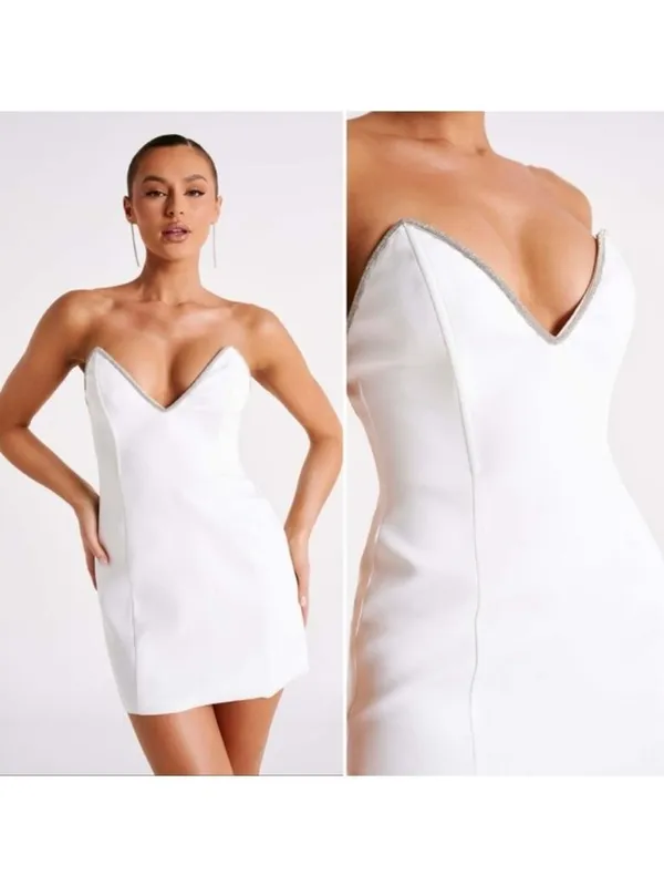 NWT Meshki Suiting Mini Dress XL White Diamante Rope Crystal Trim Strapless - Image 2