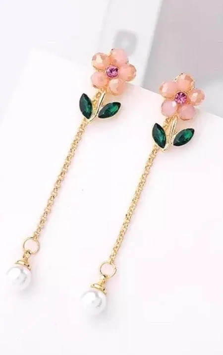 Crystal Flower Chain Tassel Pearl Drop Stud Earring Gold - Image 2